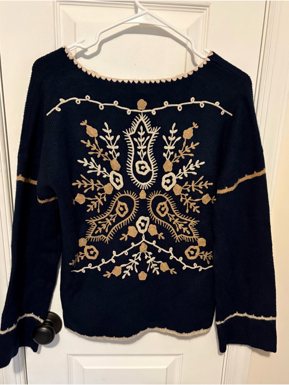 CHARLIE B Navy Sweater with Cream Trim
